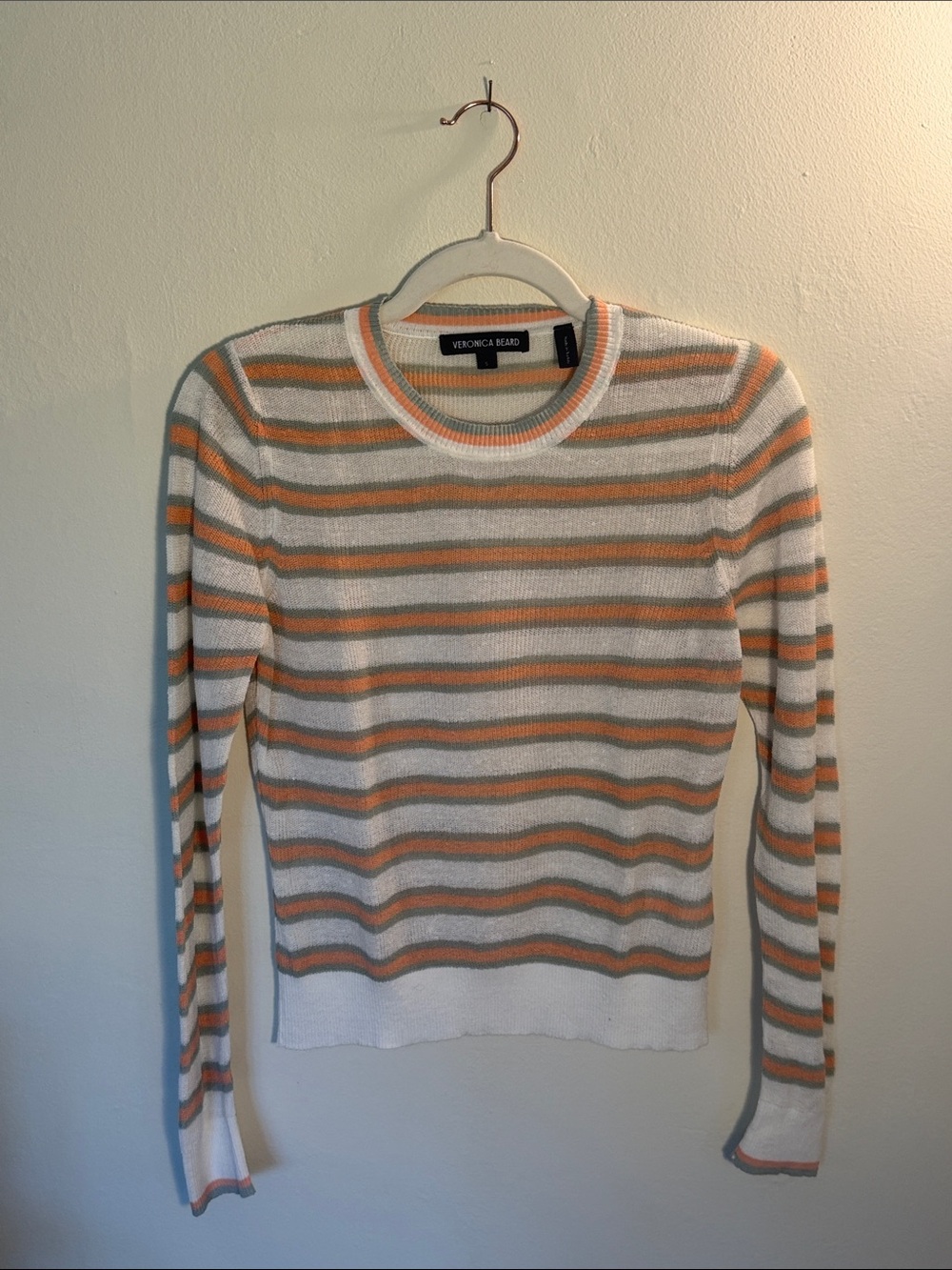 Veronica Beard White Sweater with Orange and Gray Stripes